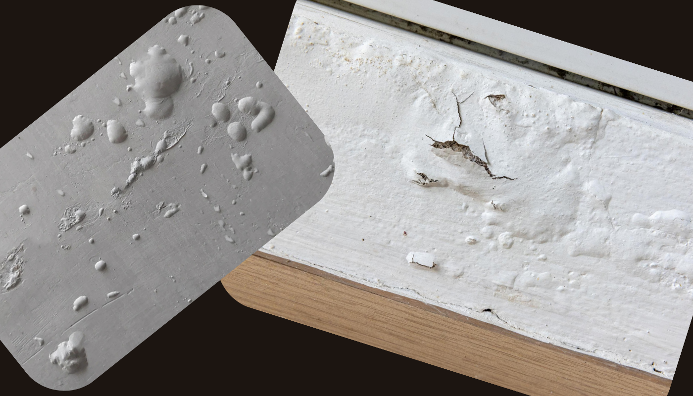 Close-up of white paint peeling and bubbling from a wooden surface.