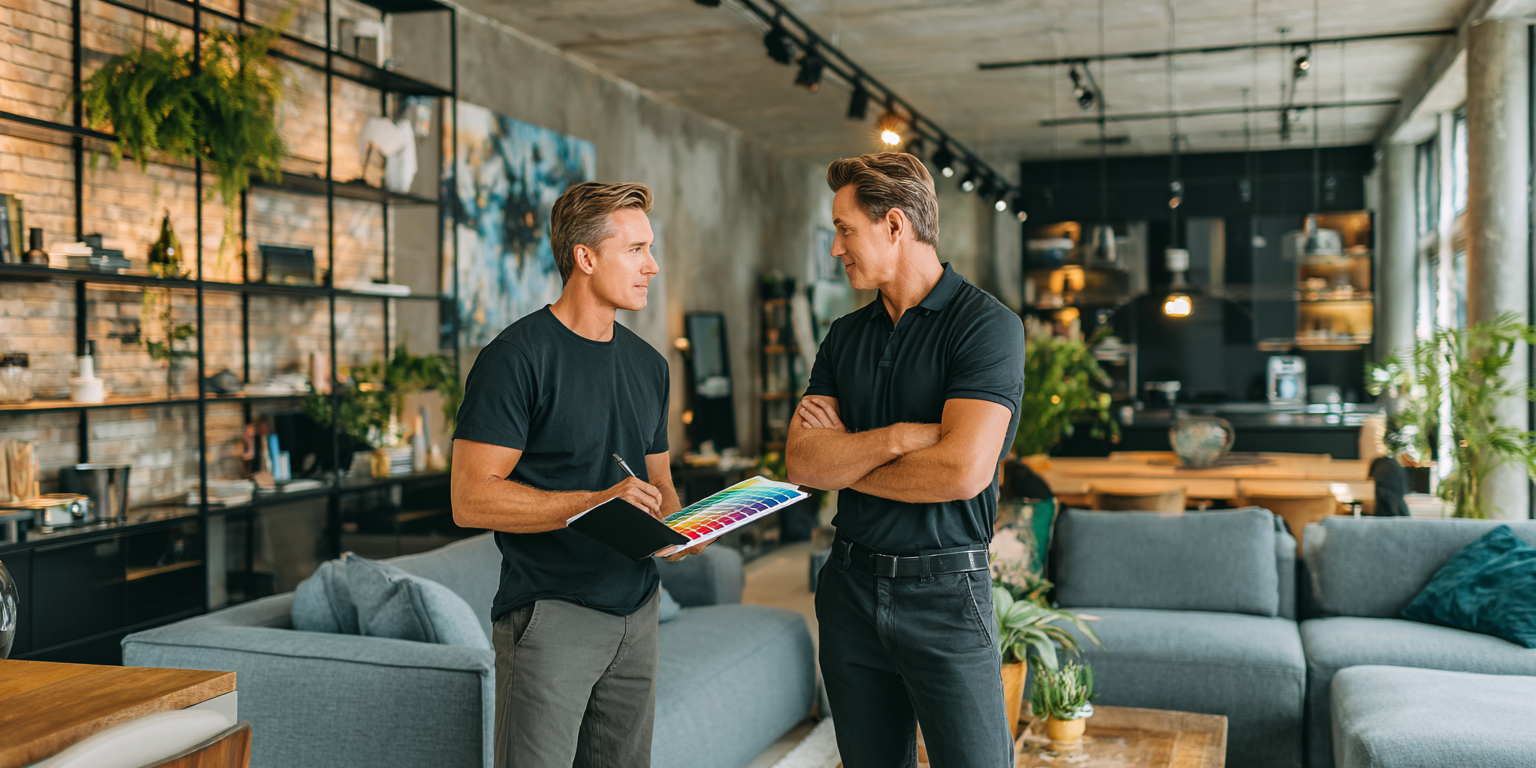Two men discussing design choices in a modern living room. One holds a color palette, other's arms crossed.