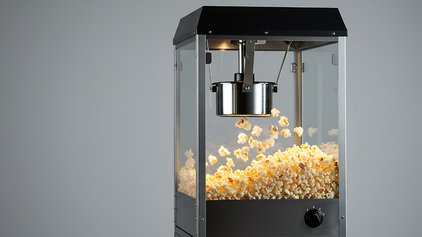 Popcorn is being poured out of a popcorn machine.