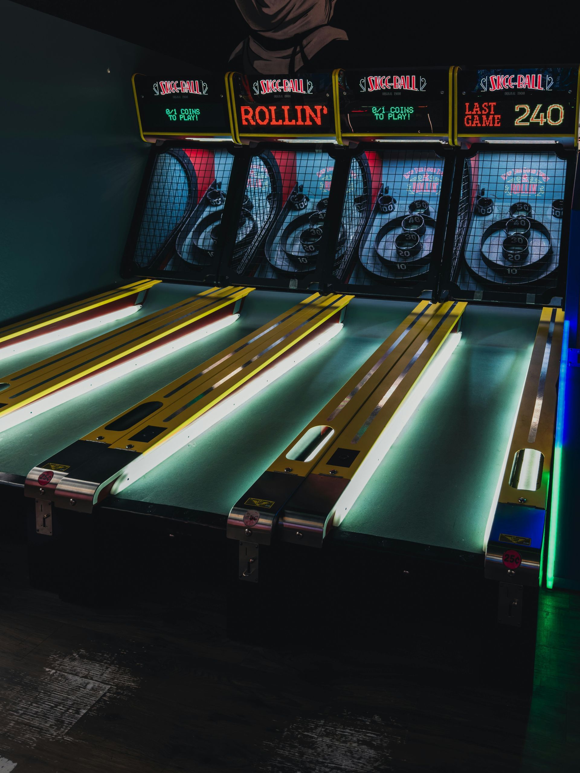 A bowling alley with a lot of lights on it