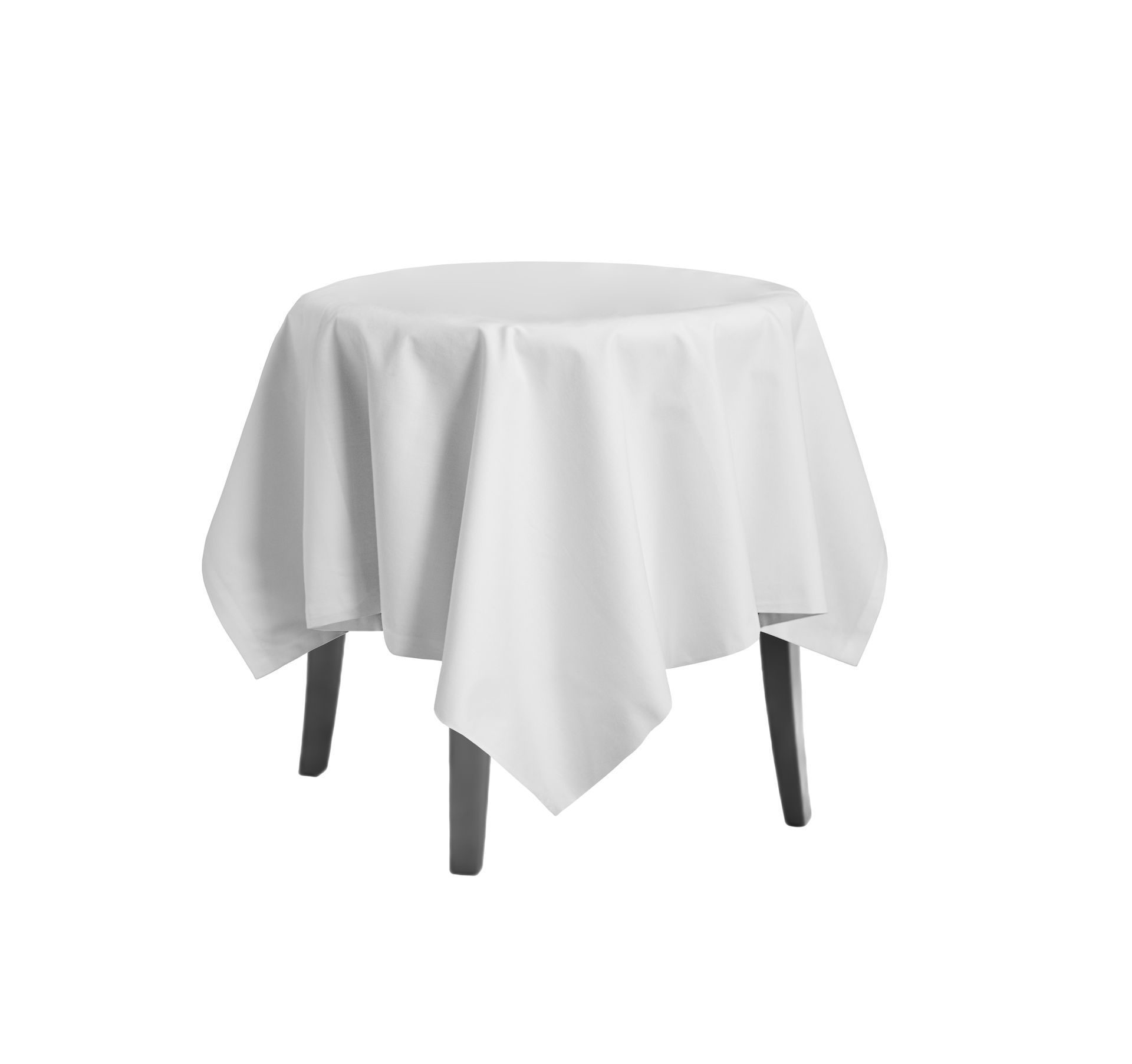 A round table with a white tablecloth and black legs.