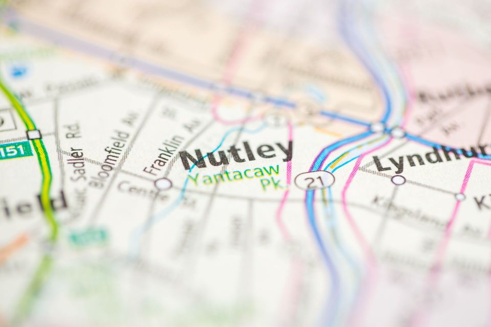 A close up of a map with the word nutley on it.
