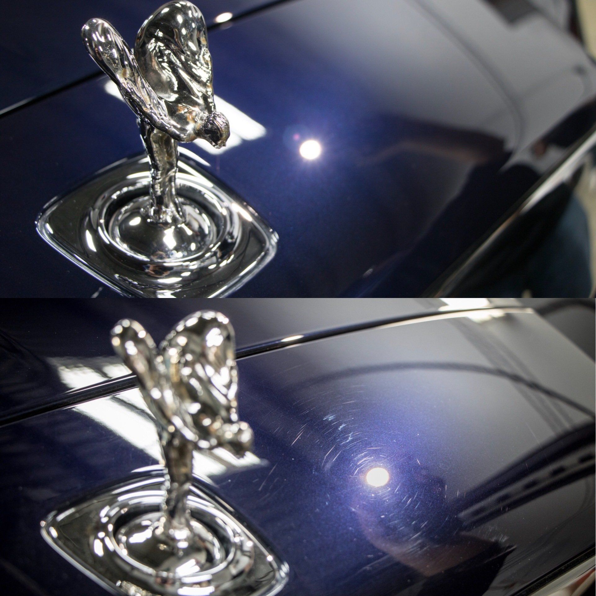 A before and after photo of a rolls royce hood ornament