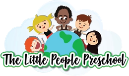 The logo for the little people preschool shows a group of children standing around a globe