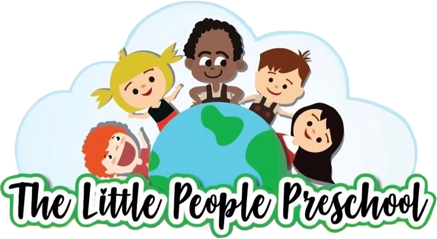 A logo for the little people preschool with a group of children standing around a globe