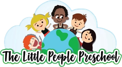 A logo for the little people preschool with a group of children standing around a globe