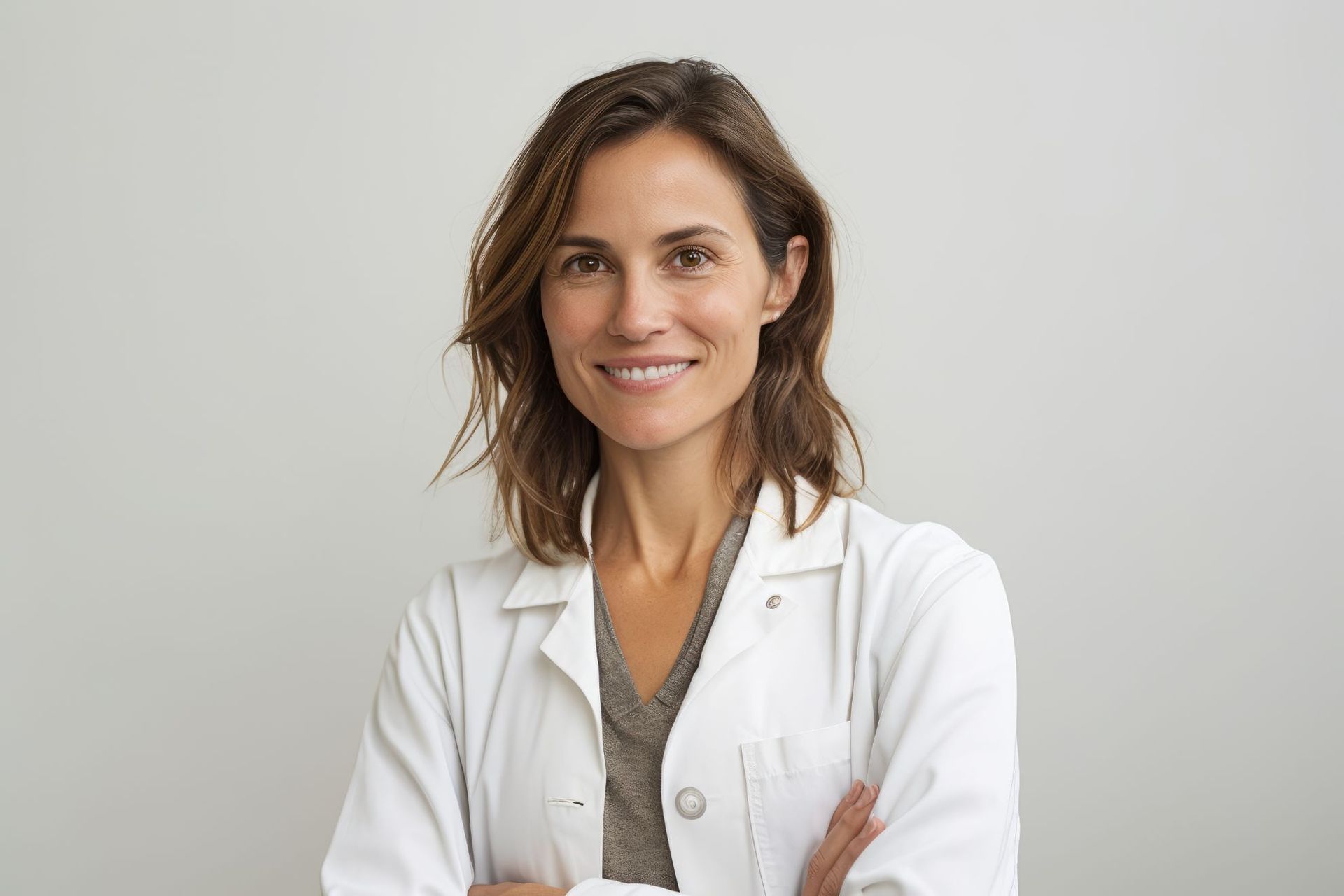 picture of a smiling white female doctor wearing a white coat