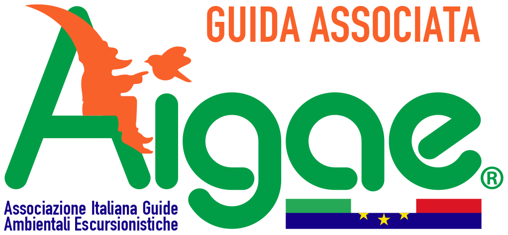 Logo dell'AIGAE (Associazione Italiana Guide Escursionistiche Ambientali) con testo stilizzato verde e figura arancione.