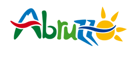 Il logo dell'Abruzzo presenta lettere colorate e stilizzate con la vetta di una montagna, un'onda e un sole.