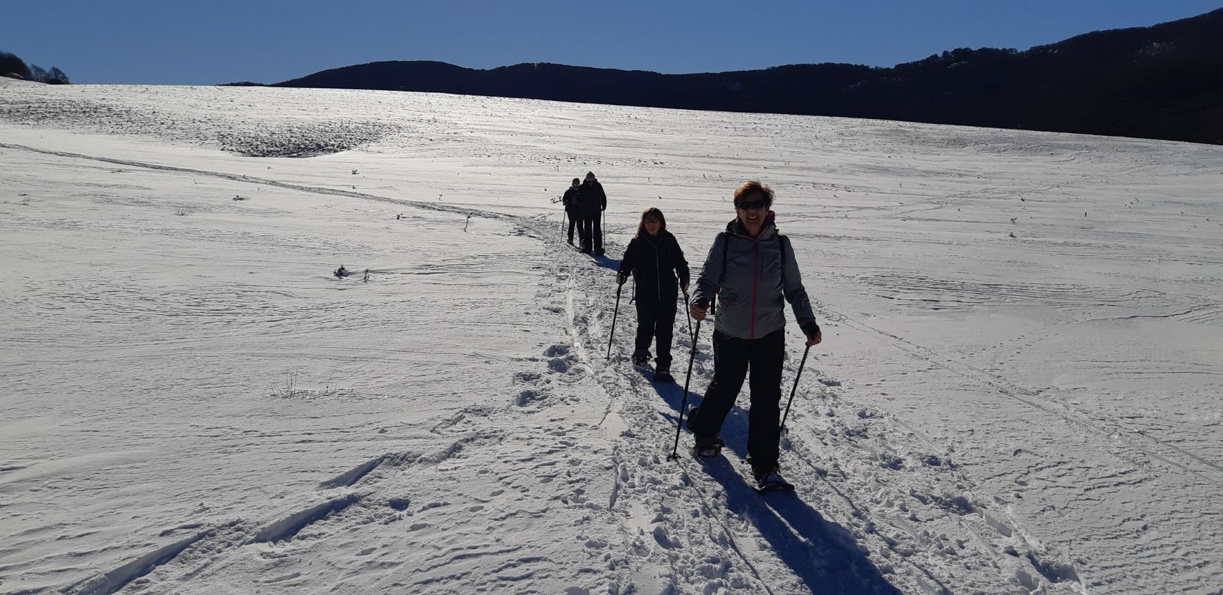 Escursione in un paesaggio aperto e innevato, sotto un cielo limpido, usando i bastoncini e seguendo un sentiero battuto.