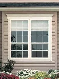 Standard double-hung window with white trim and grid pattern on beige siding