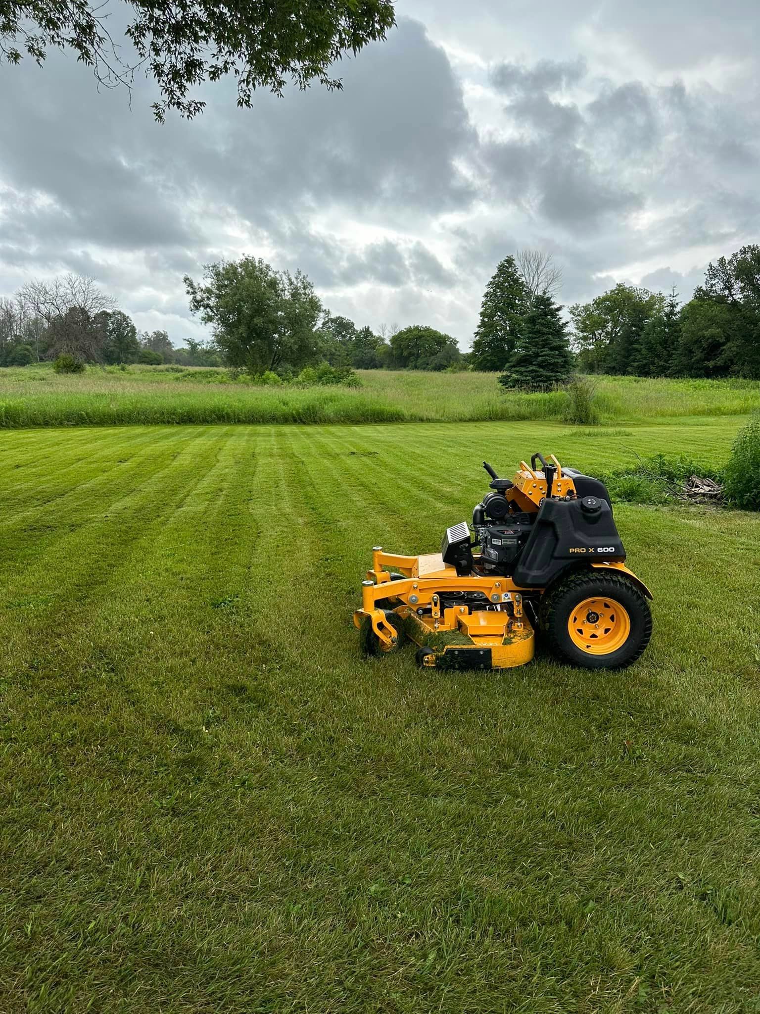 A yellow lawn mower is sitting in the middle of a lush green field.