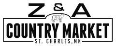 Logo for Z & A Country Market in St. Charles, MN, featuring text, a cow, and a rectangular border.