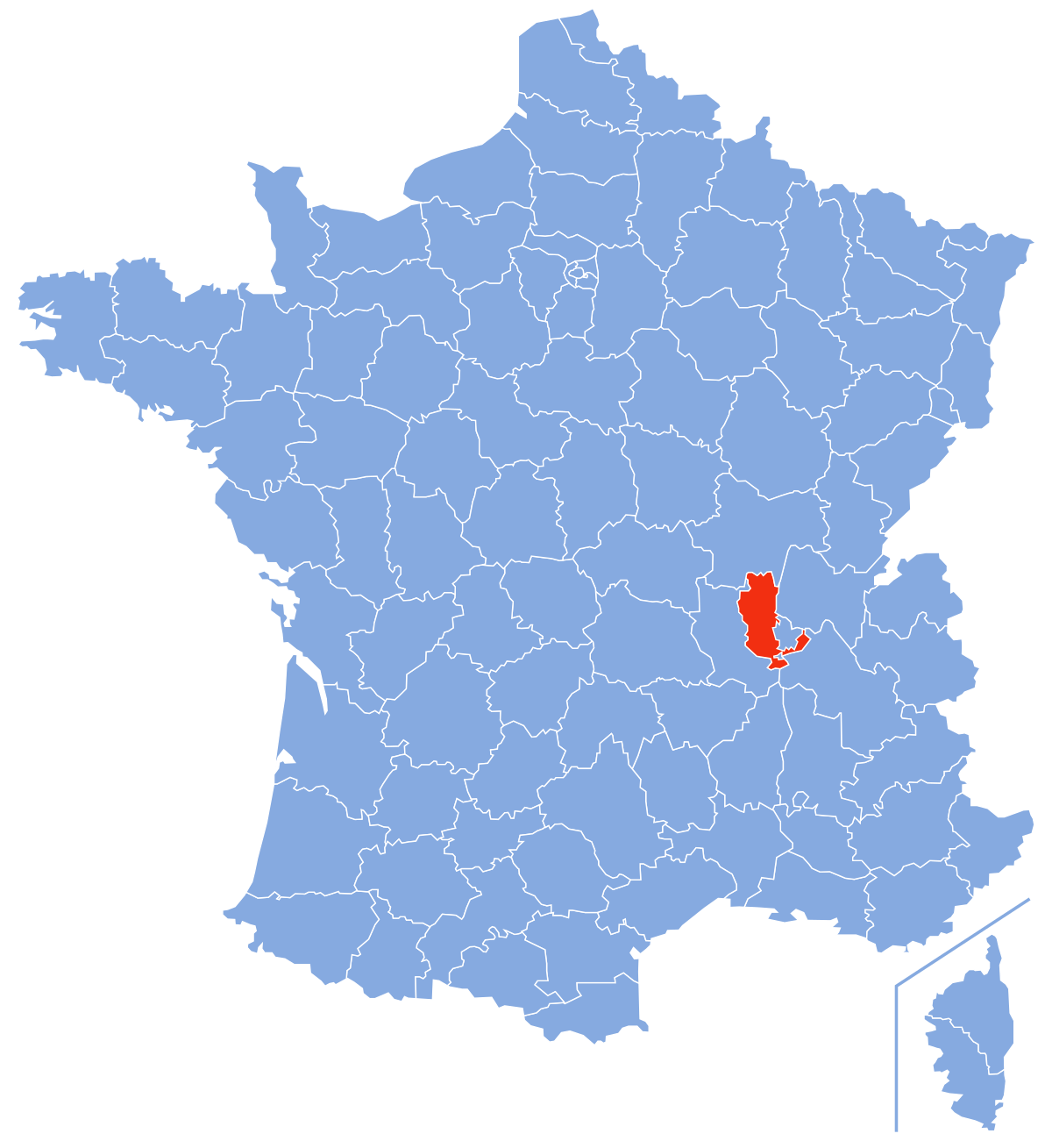 Une carte bleue de la France avec une zone rouge surlignée