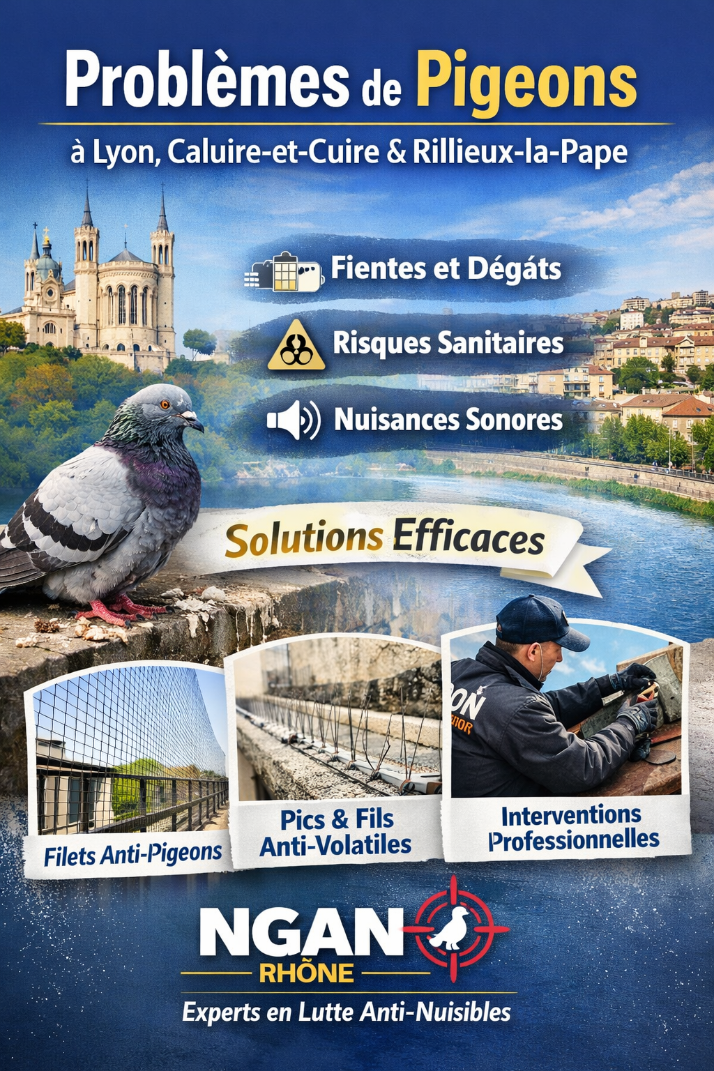Problèmes de pigeons à Lyon, Caluire-et-Cuire & Rillieux-la-Pape. Solutions NGAN Rhône
