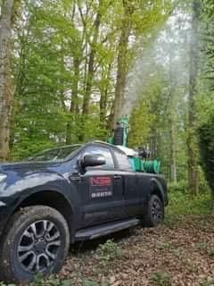 Un camion noir est garé au milieu d'une forêt.