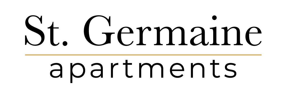 Logo for St. Germaine apartments. Text is black with a gold underline and a gold bar.