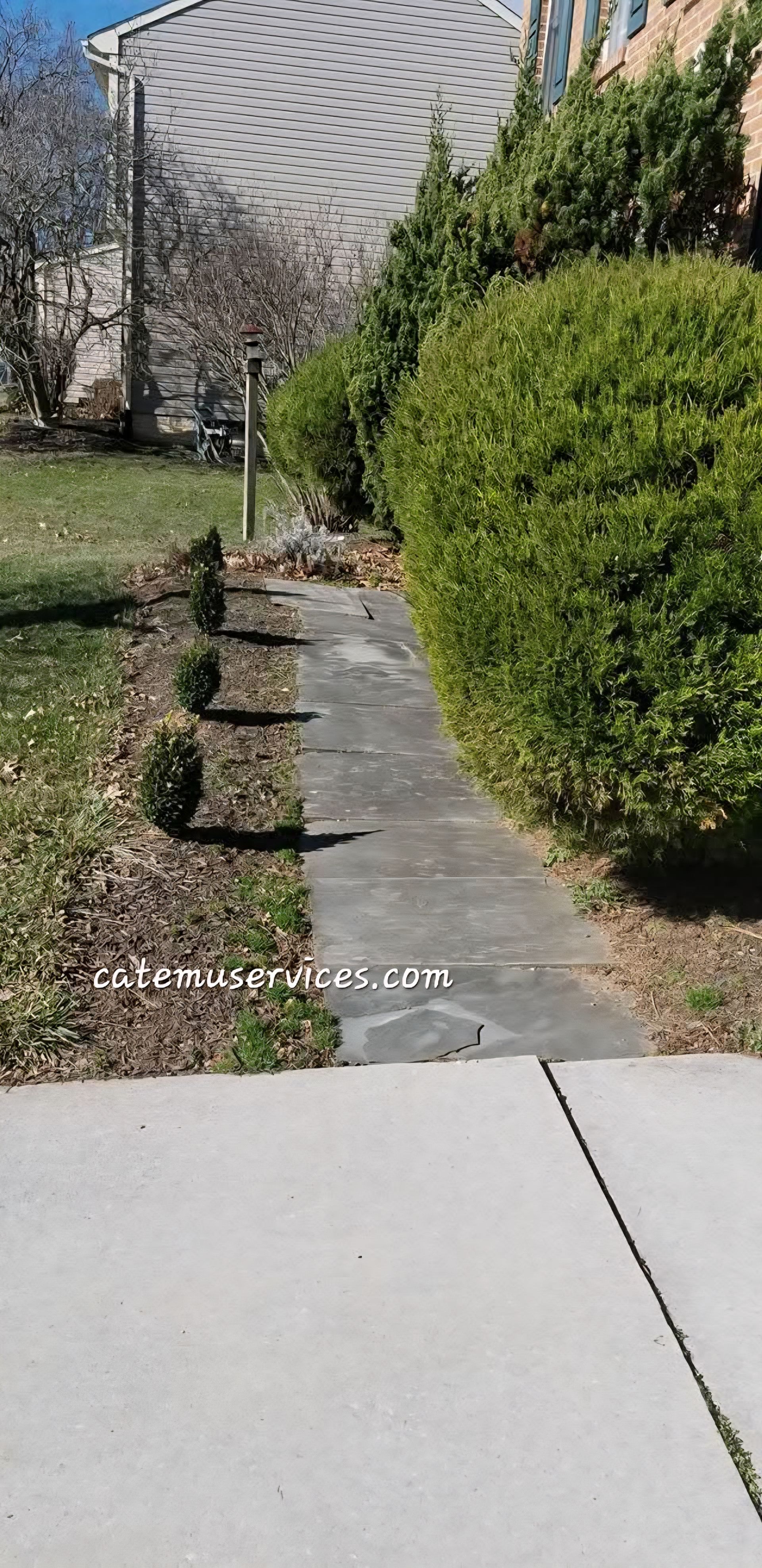 Concrete walkway next to green bushes and a grassy area. Apartment building in the background.