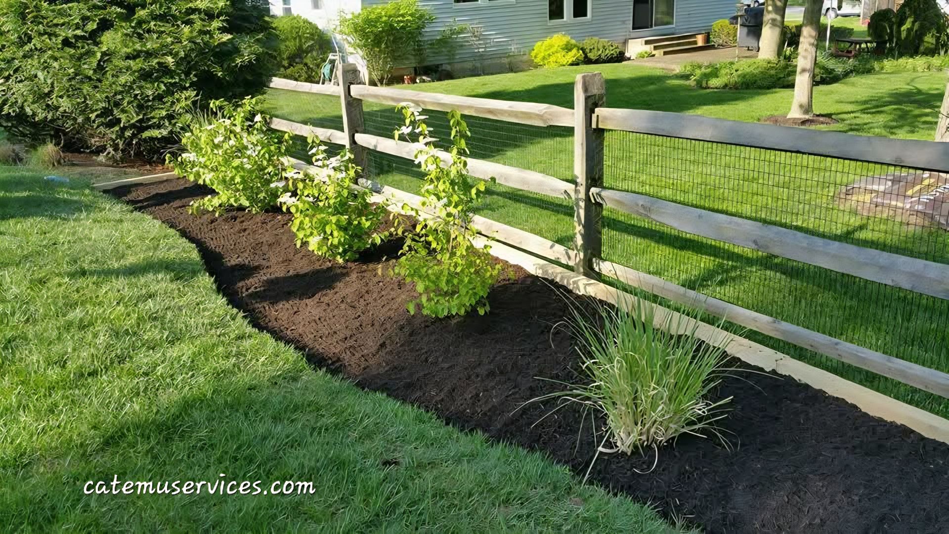 A landscaped bed with young plants and dark mulch, next to a wooden fence and lawn.