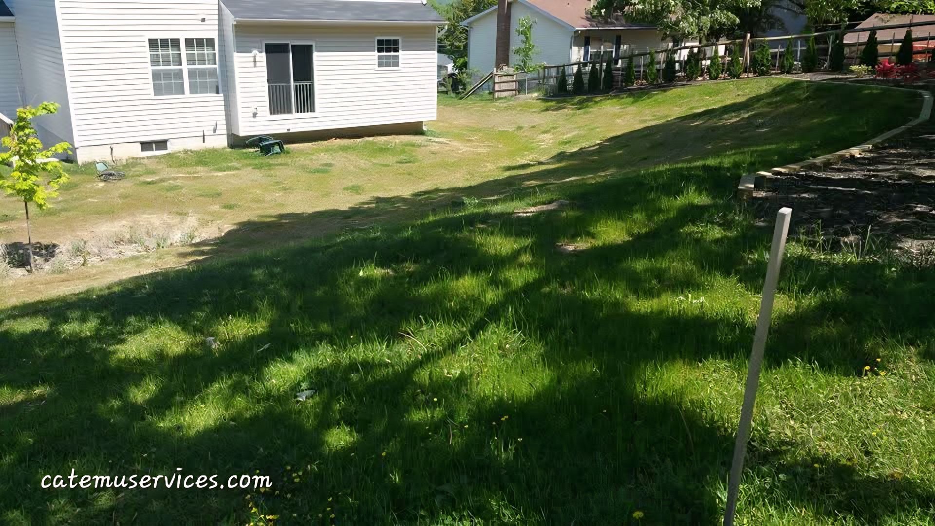 Grassy backyard with house, trees, and sloped terrain. Sunlight creates shadows across the lawn.