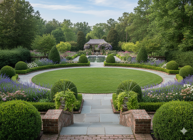 Formal garden with a circular lawn, flower beds, and a gazebo in the background.