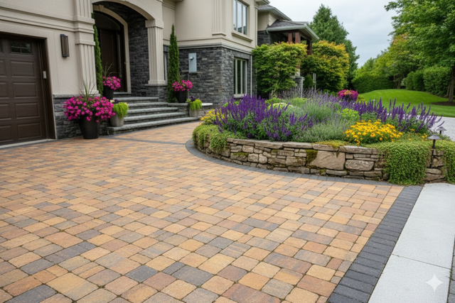 Brick driveway leading to a house with a stone and flower garden.