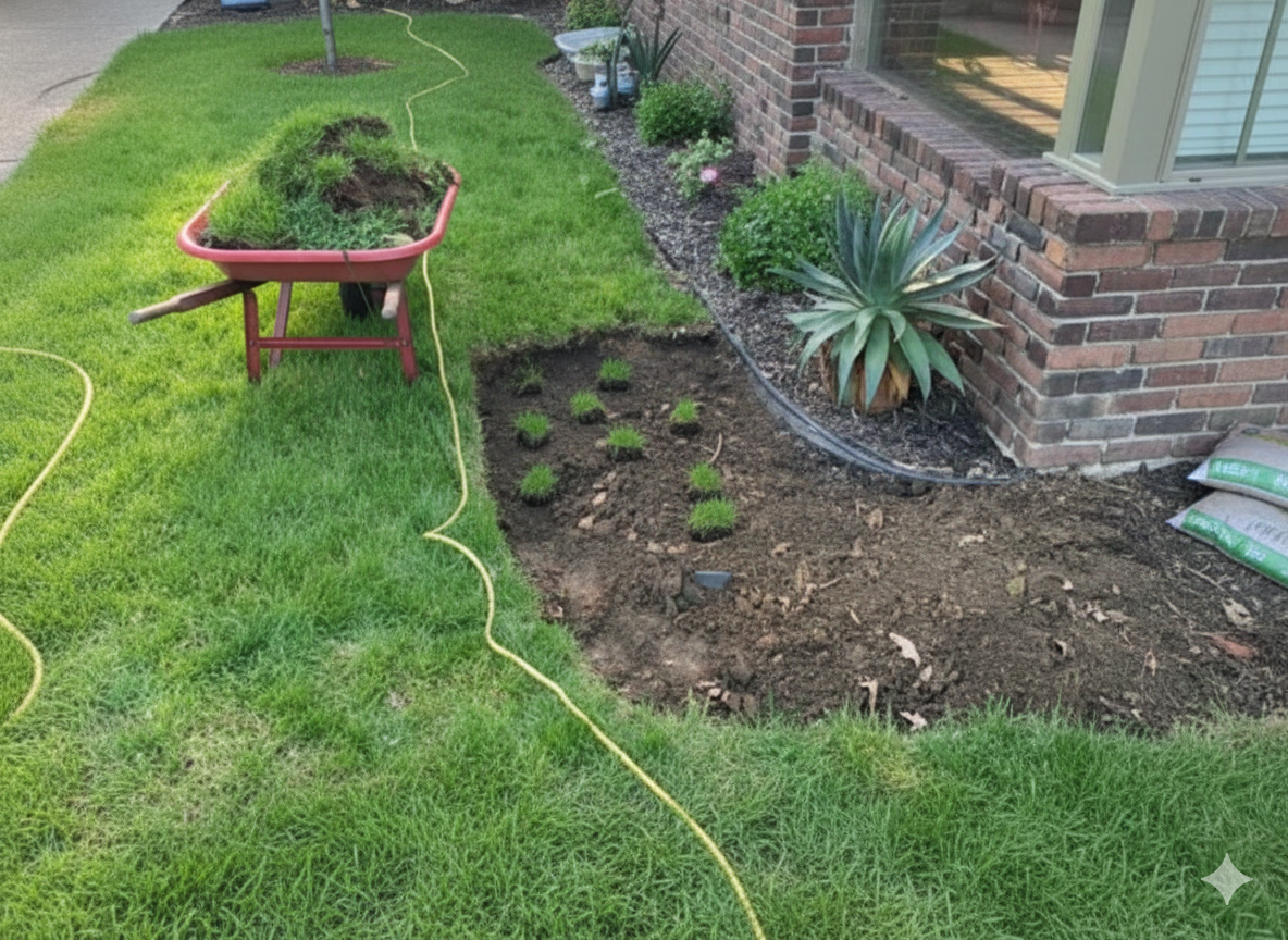 Wheelbarrow, garden bed with plants, and lawn next to a brick house.