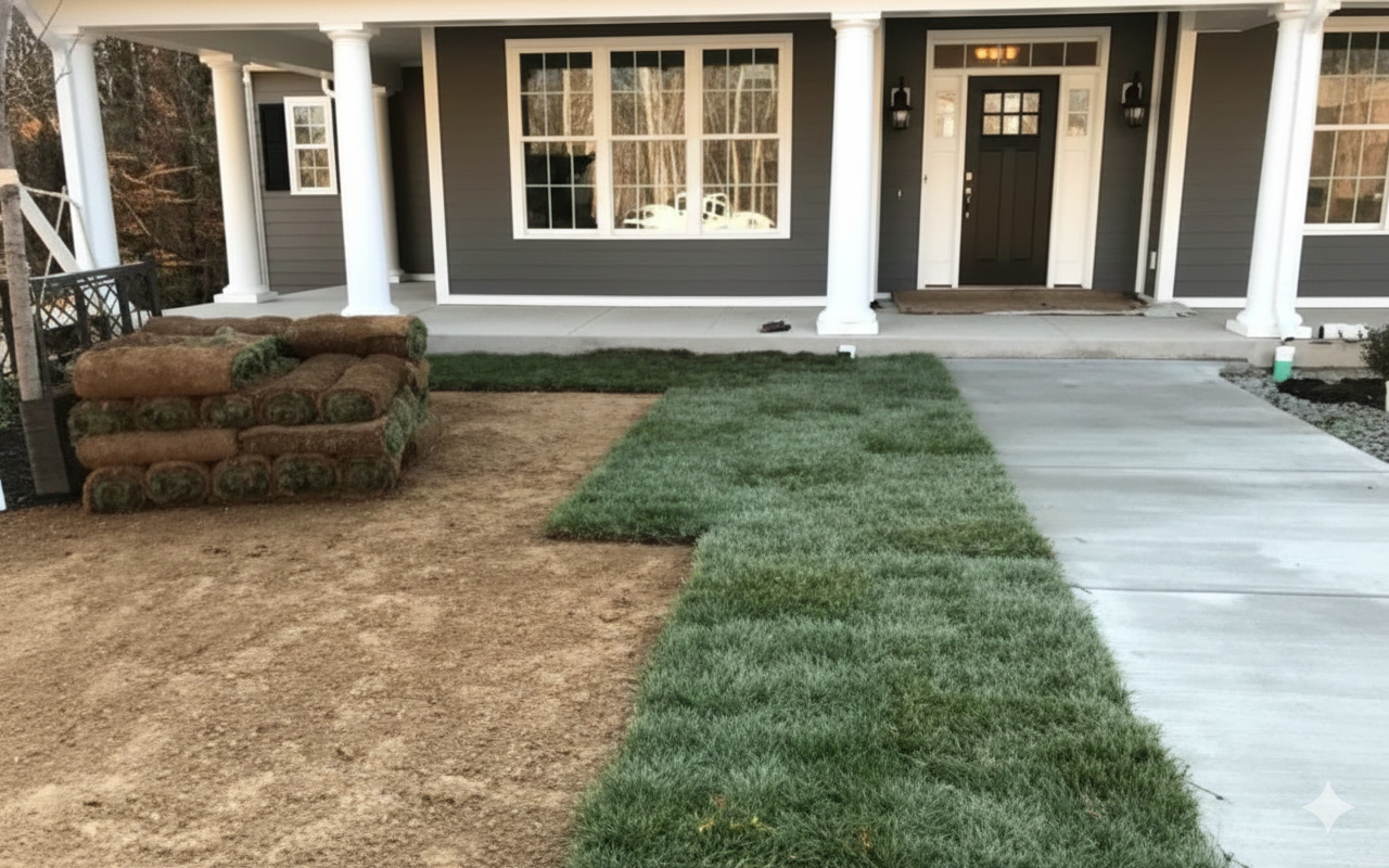 Freshly laid sod in front of a house, next to a stack of sod rolls.