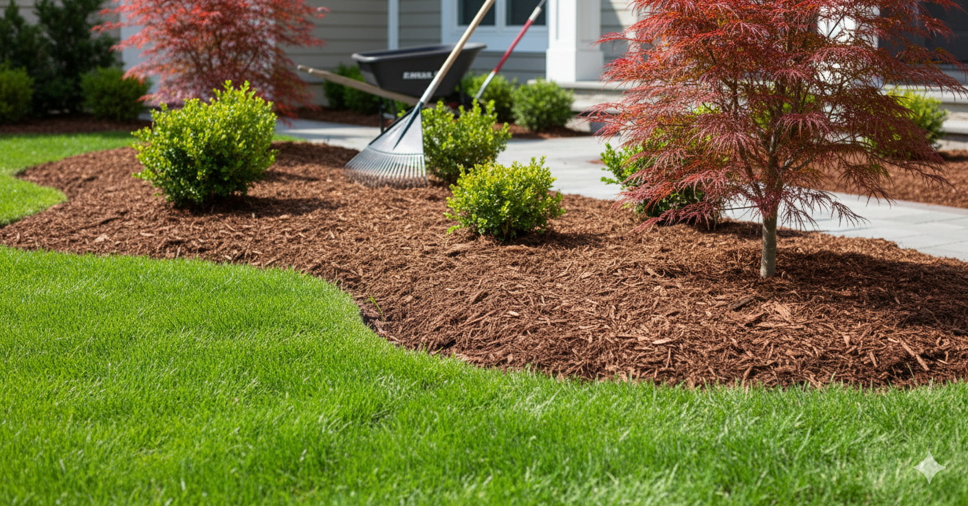 Lush green lawn with mulch-covered flower bed, young trees, and round bushes. A rake leans against the house.