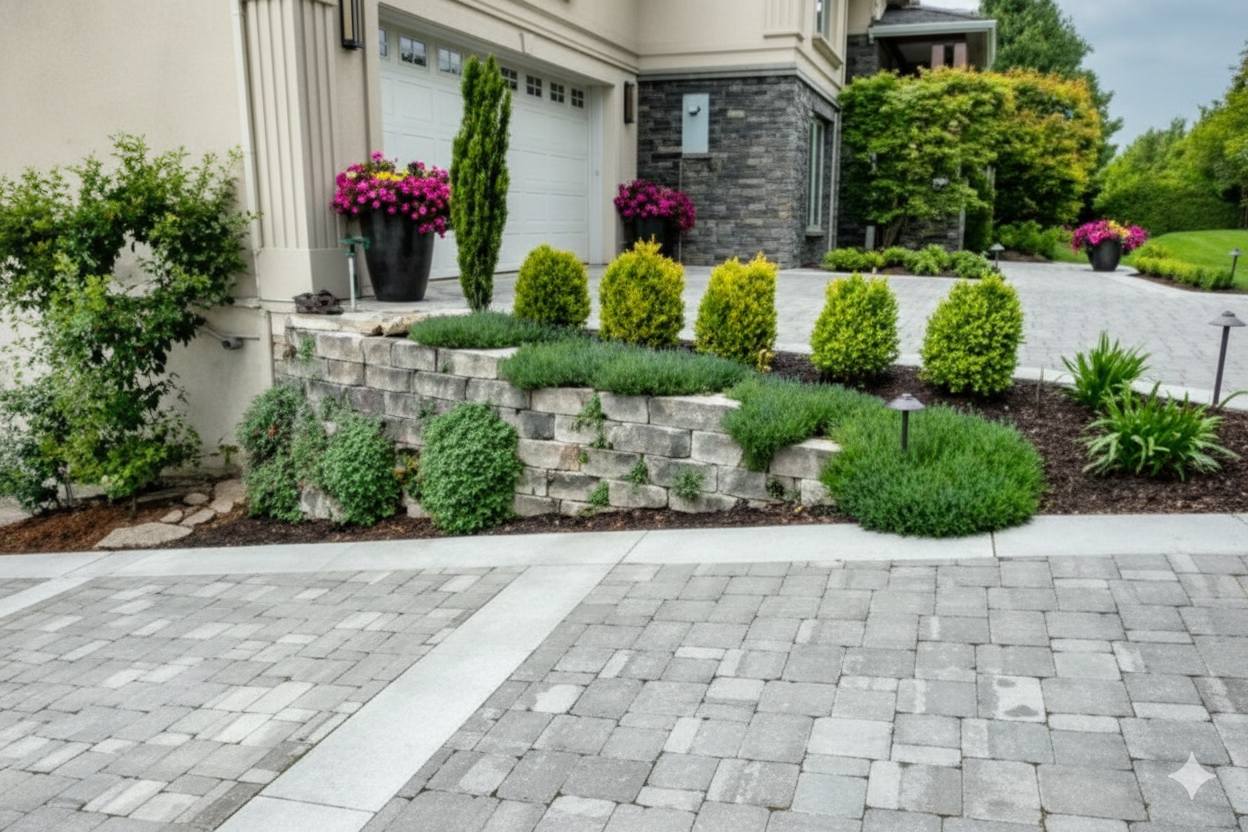 Stone retaining wall with various green shrubs and flowers in front of a house with a gray brick driveway.