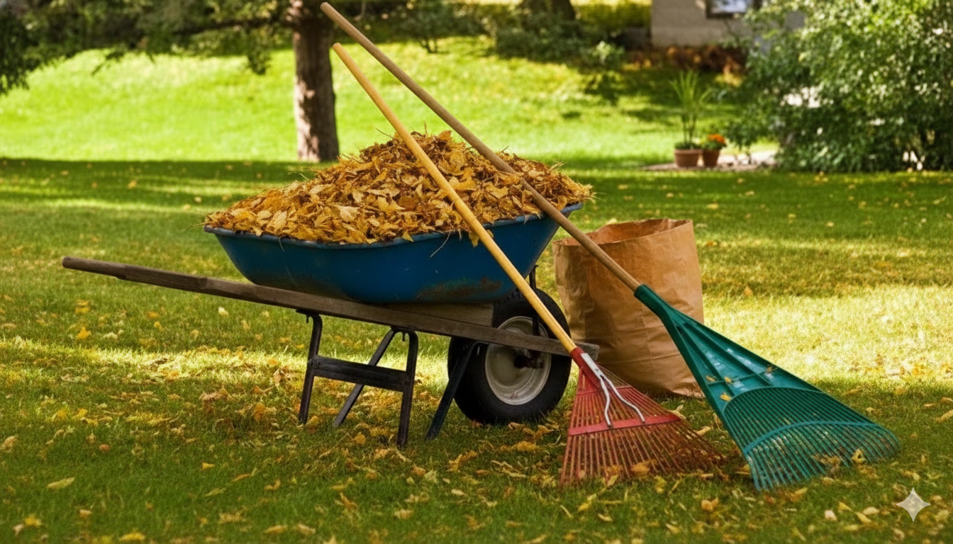 Wheelbarrow full of leaves with rakes and a bag on a lawn.