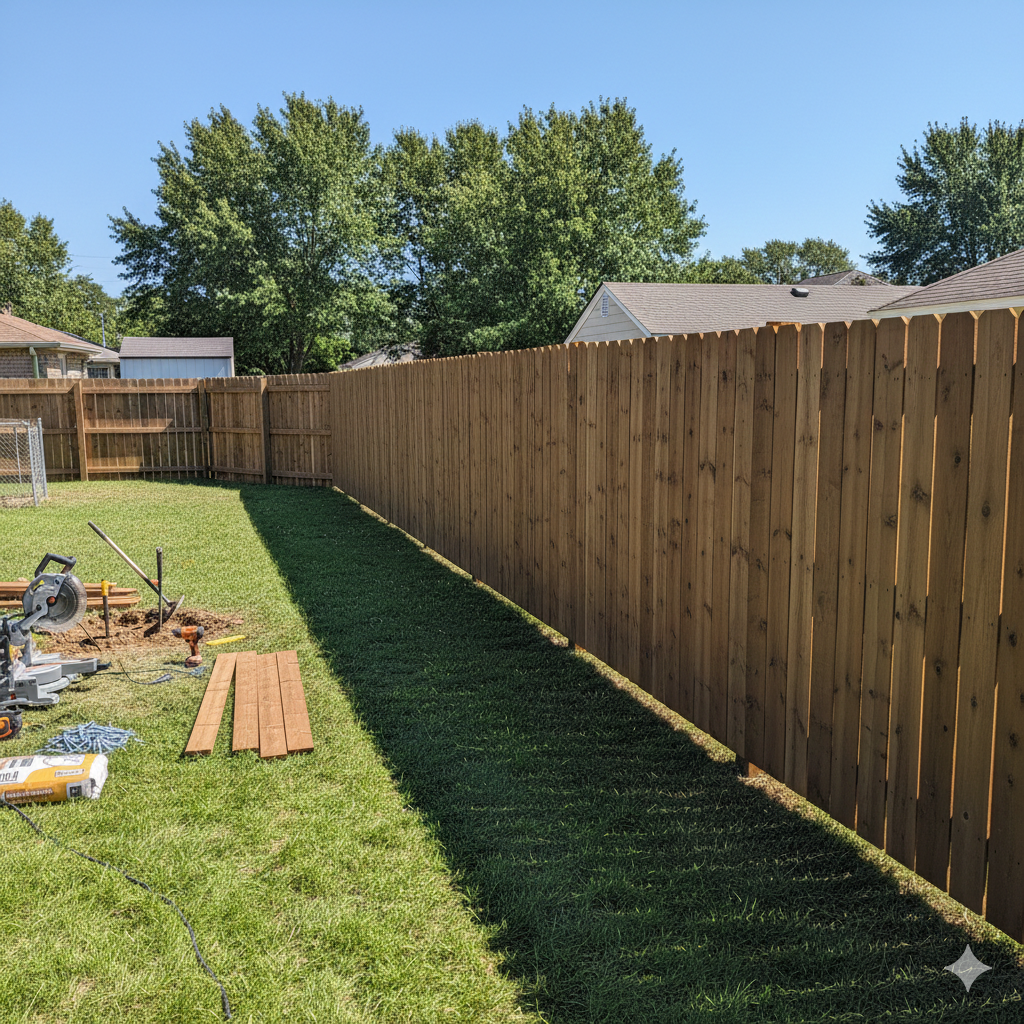 A long, brown wooden fence in a backyard on a sunny day. Green grass surrounds it.
