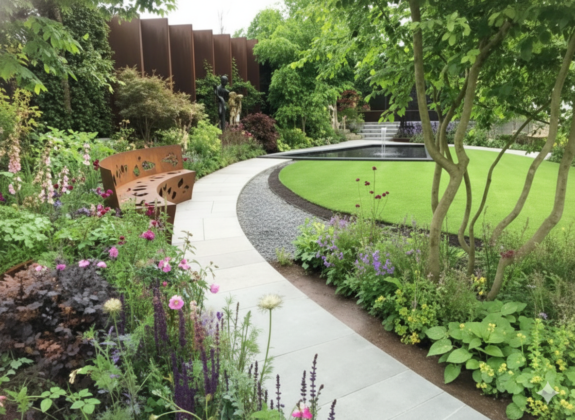 A curved stone path leads through a lush garden with a rusted metal bench, green lawn, and water feature.