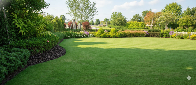 Lush green lawn with manicured border of shrubs and colorful flowers. Trees and blue sky in background.
