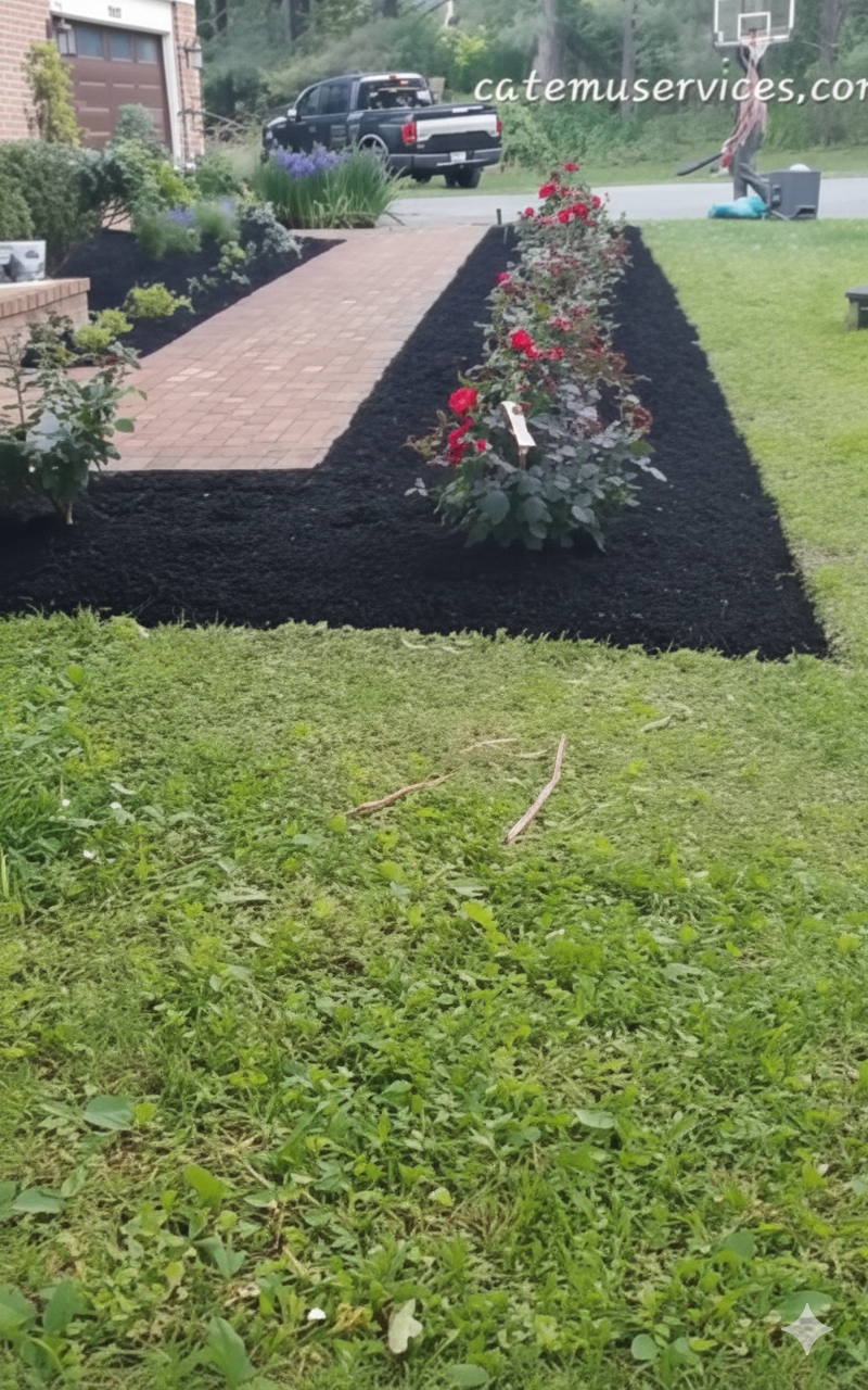 A brick two-story house with black shutters, a white front entrance, and a well-kept lawn.