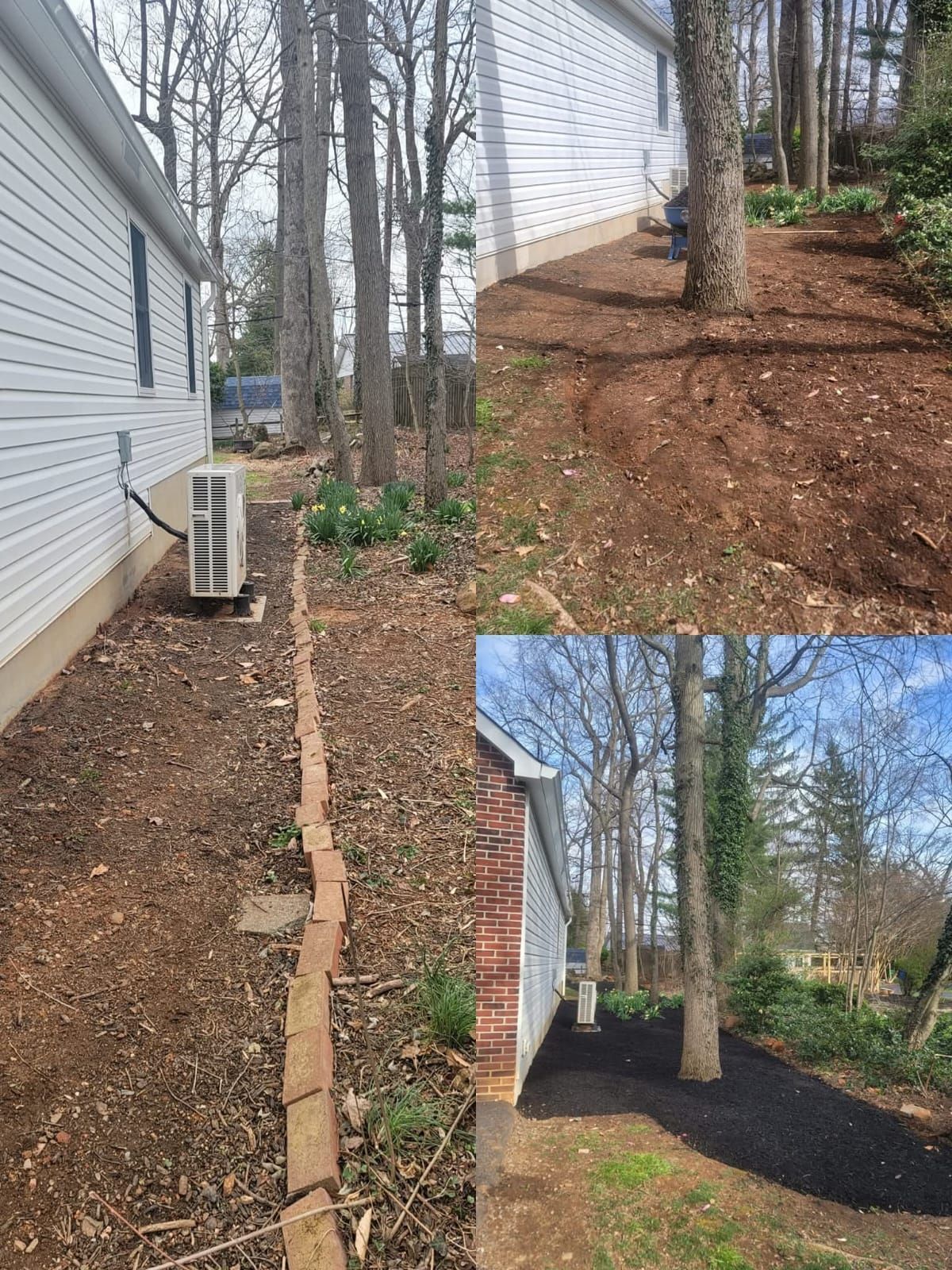 Mulched yard along the side of a house, bordered by brick, with trees and bushes.