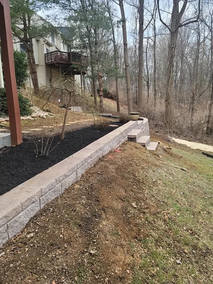 Retaining wall with steps on grassy hillside next to mulch bed and trees. House in background.