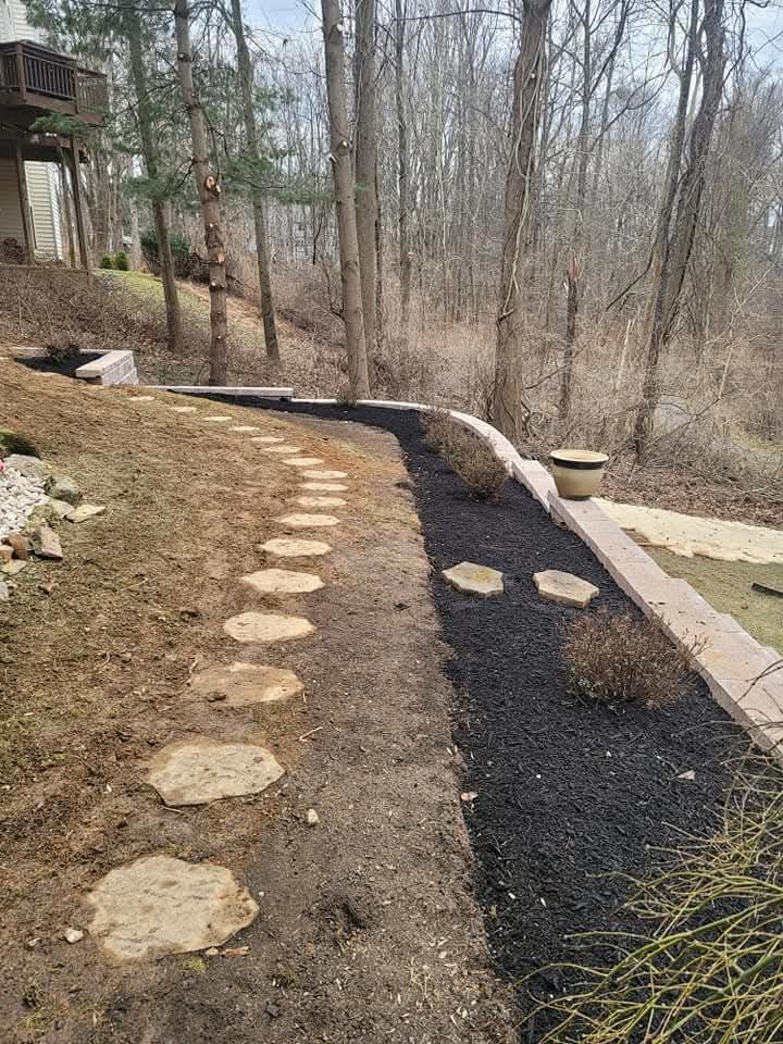 Stone path alongside a mulched bed with small bushes, beside a slope with trees.