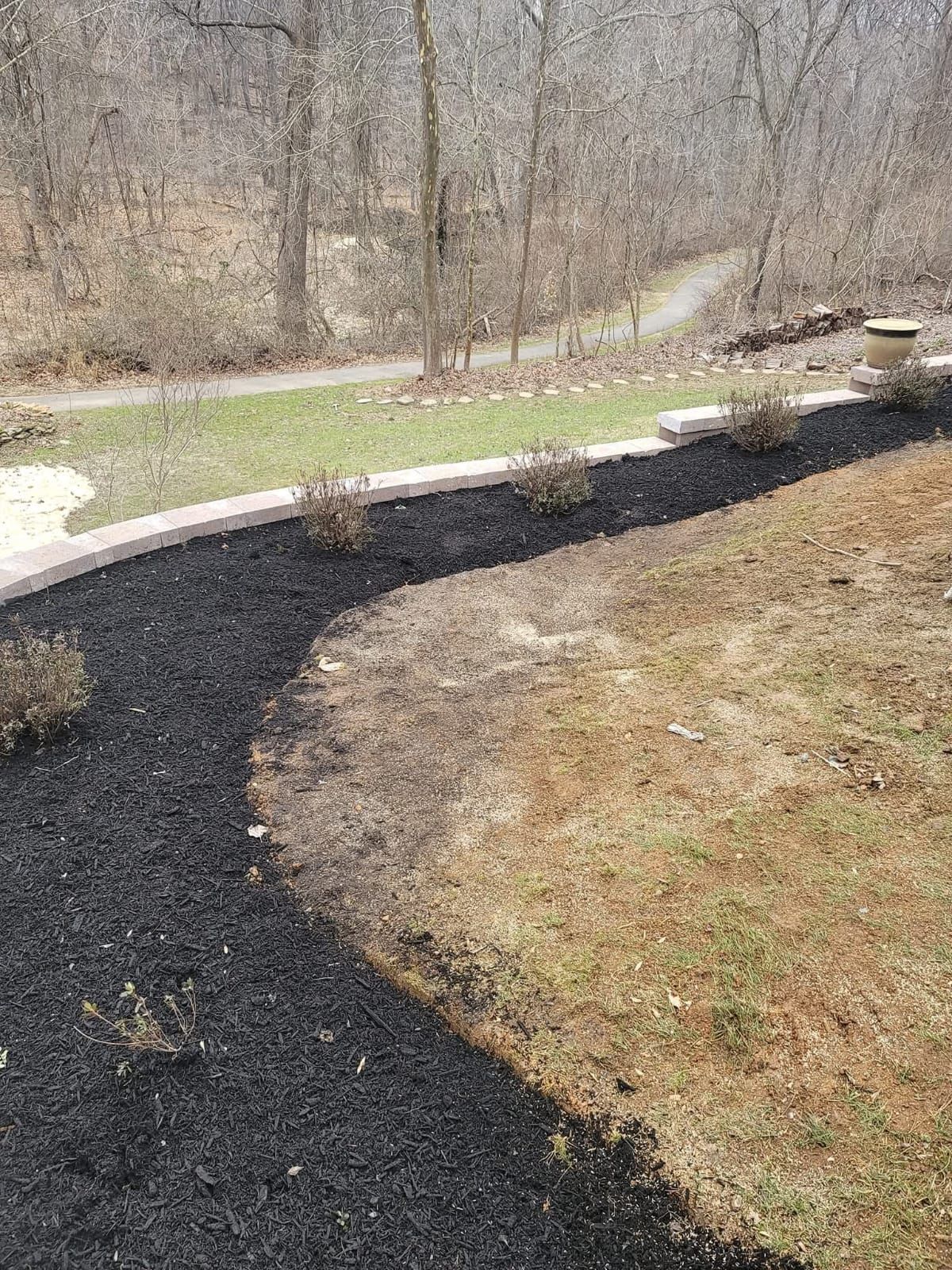 A landscaped yard with black mulch bed, grass, and a curved path leading into a wooded area.