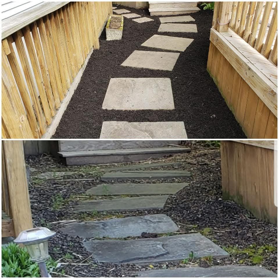 Top: Stepping stones on dark mulch between wood fences. Bottom: Same path with older stones and some weeds.