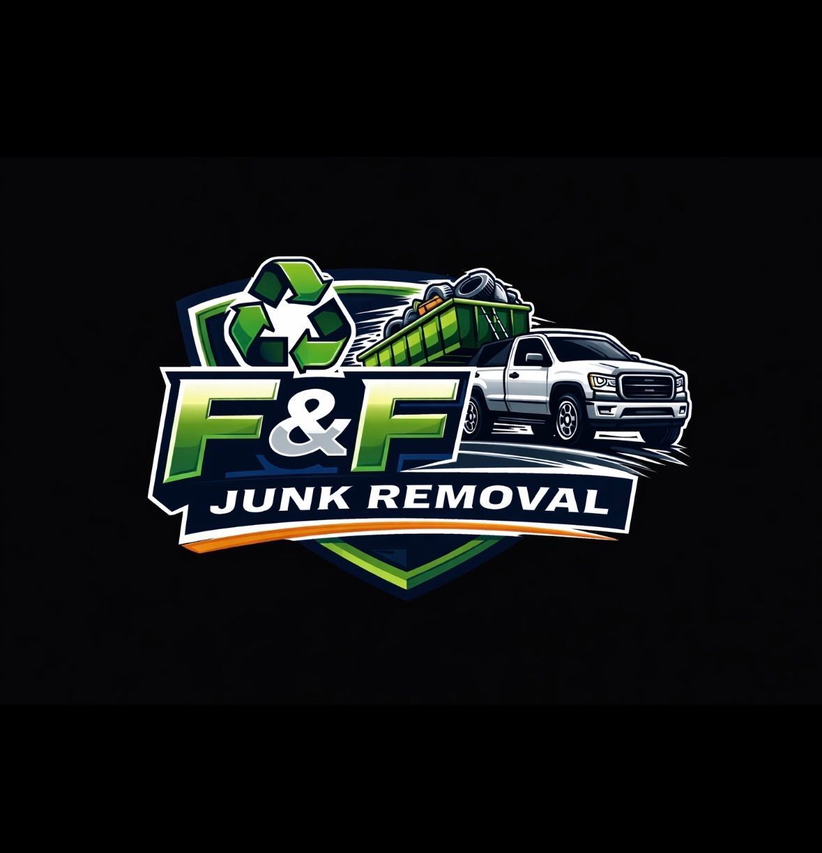 Logo for F&F Junk Removal with a truck, dumpster, recycling symbol, and text on a black background.