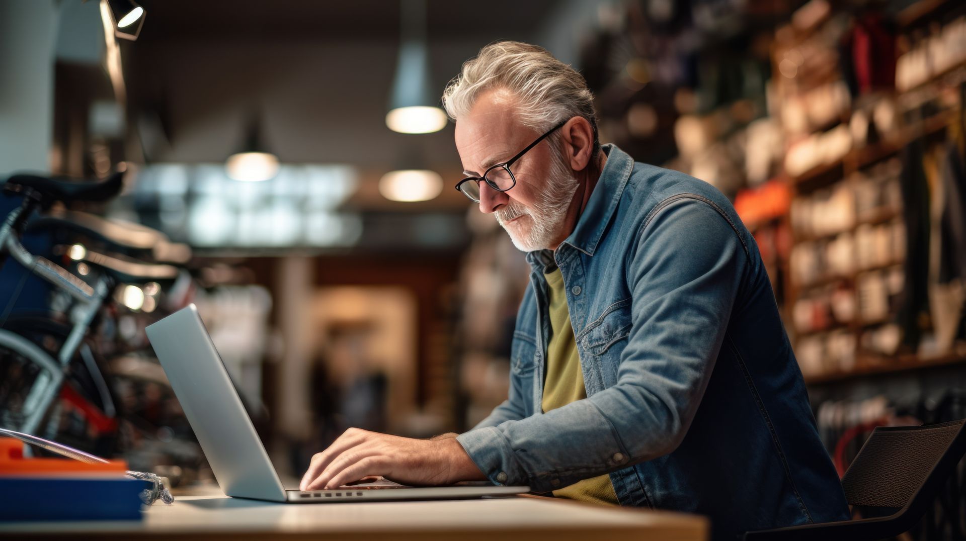 A man is sitting at a table using a laptop computer.