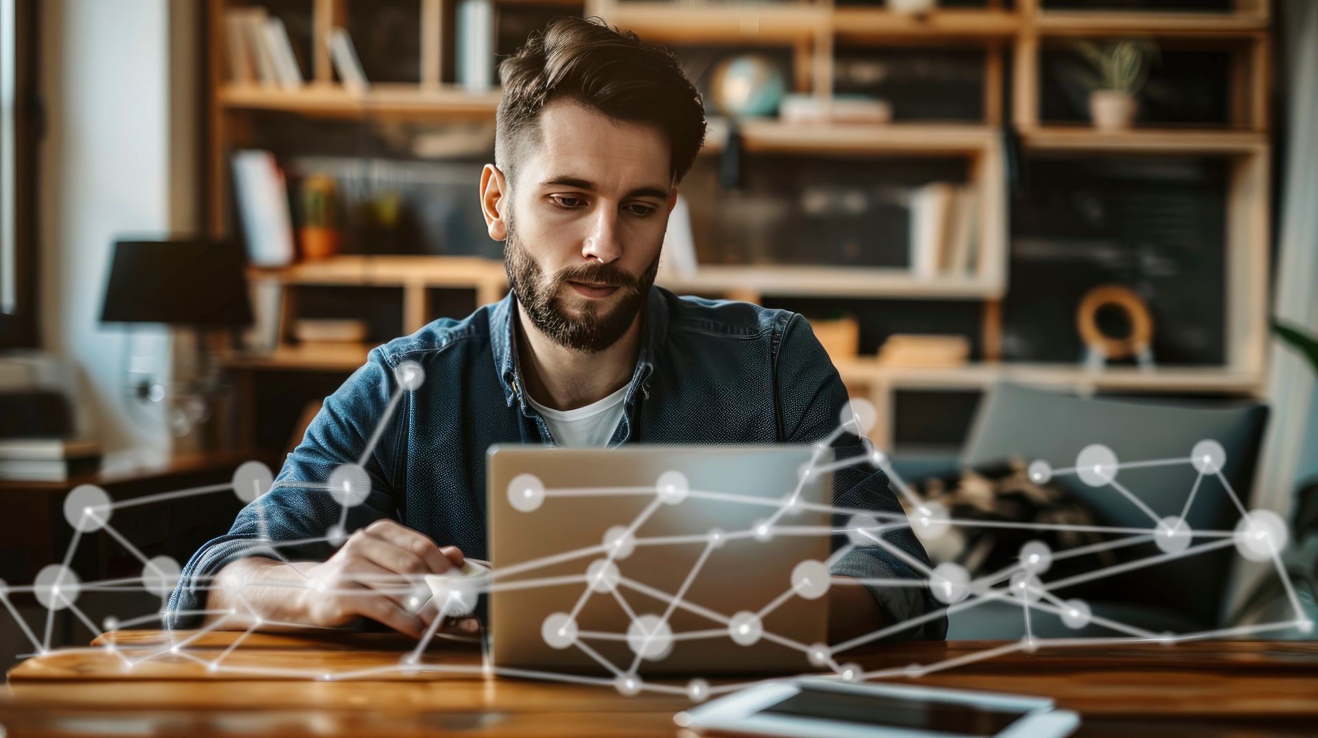 A man is sitting at a table using a laptop computer.