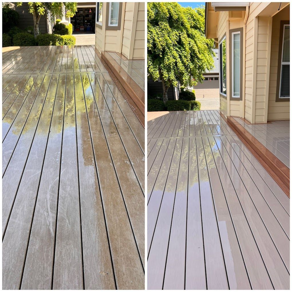 Two side-by-side images show a deck before and after cleaning, revealing brighter wood.