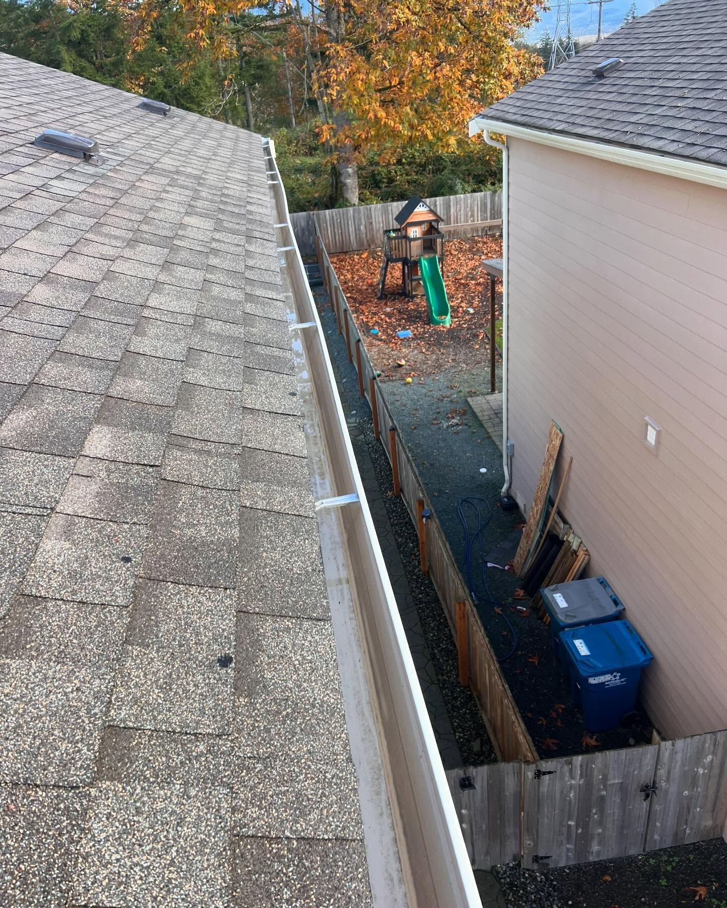Rooftop with gutter and siding, view of a narrow side yard, two trash bins. Autumn leaves.