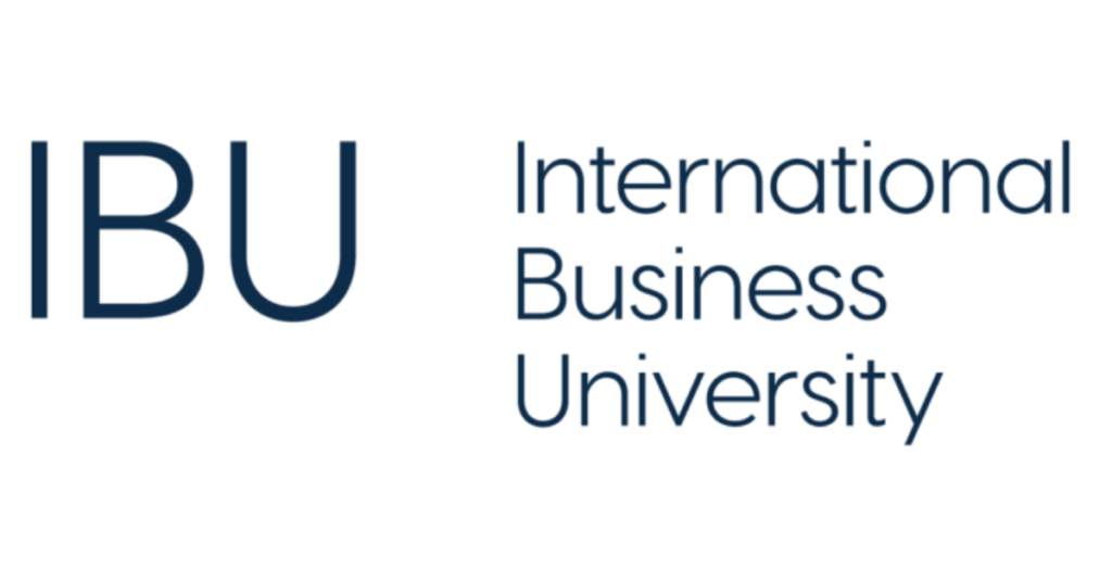 The logo for the international business university is blue and white.