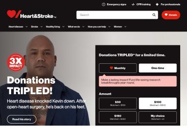 The website for heart & stroke shows a man 's picture and says donations tripled