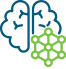A blue and green icon of a brain and a green cube.