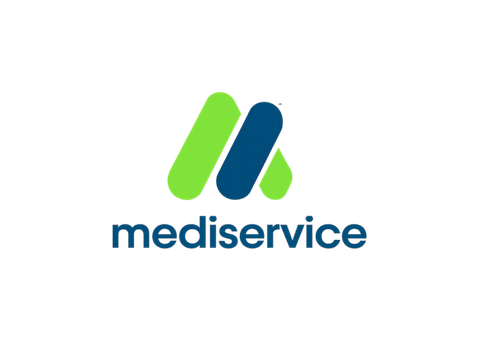 Logotipo da Mediservice com ícone verde e azul e nome da marca em letras minúsculas azuis sobre fundo branco.