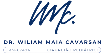 Logotipo médico azul e assinatura do Dr. William Maia Cavarsan, cirurgião pediátrico, com CRM-64794.